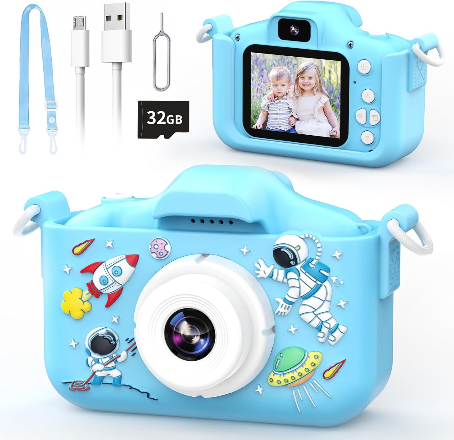 YunLone Kids Camera 12MP Astronaut Selfie Digital Camera for Kids Children 1080P Video Cam with 2” IPS, 32GB Card, 8X Zoom, Spaceman Kids Camera Toy Gift for Boys Girls 3 4 5 6 7 8 9 10 Years – Blue-0