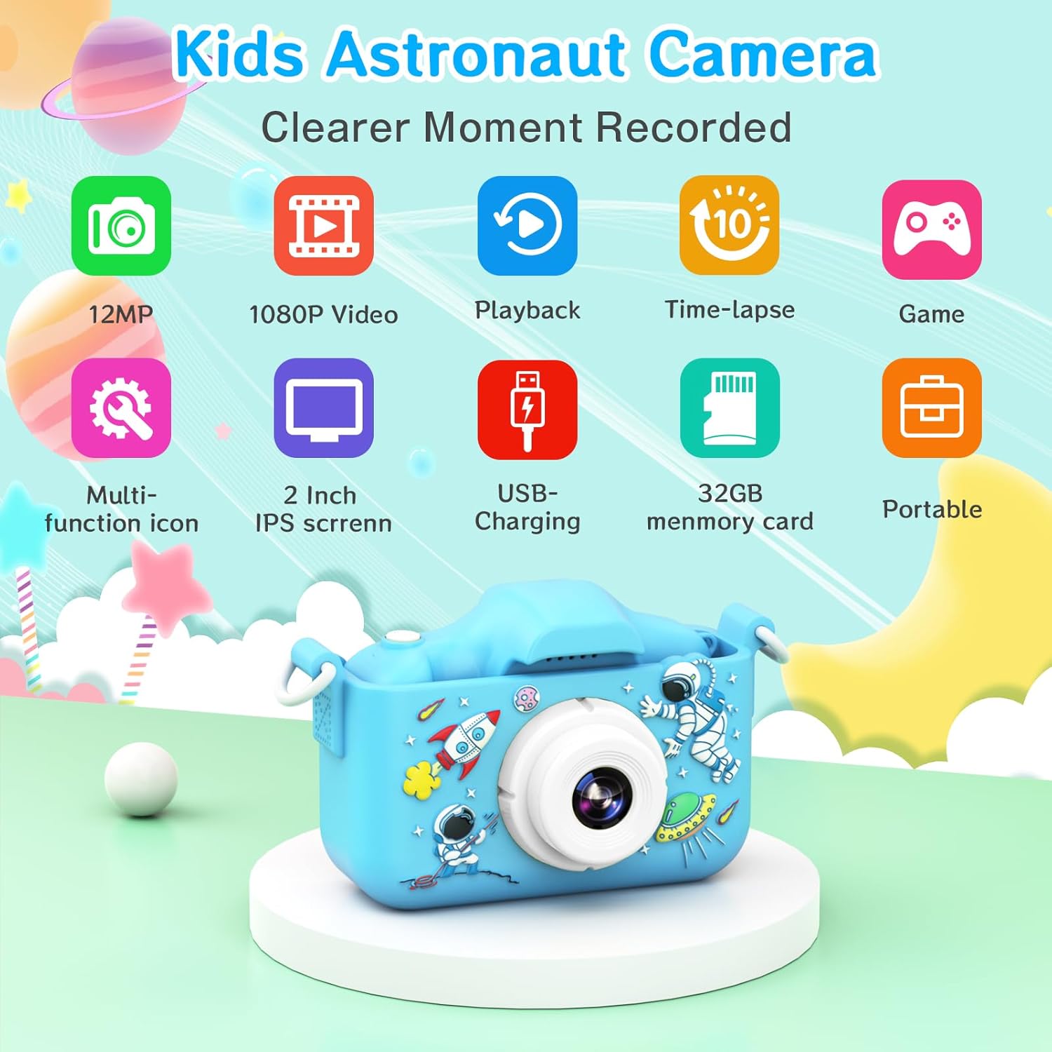 YunLone Kids Camera 12MP Astronaut Selfie Digital Camera for Kids Children 1080P Video Cam with 2” IPS, 32GB Card, 8X Zoom, Spaceman Kids Camera Toy Gift for Boys Girls 3 4 5 6 7 8 9 10 Years – Blue-1