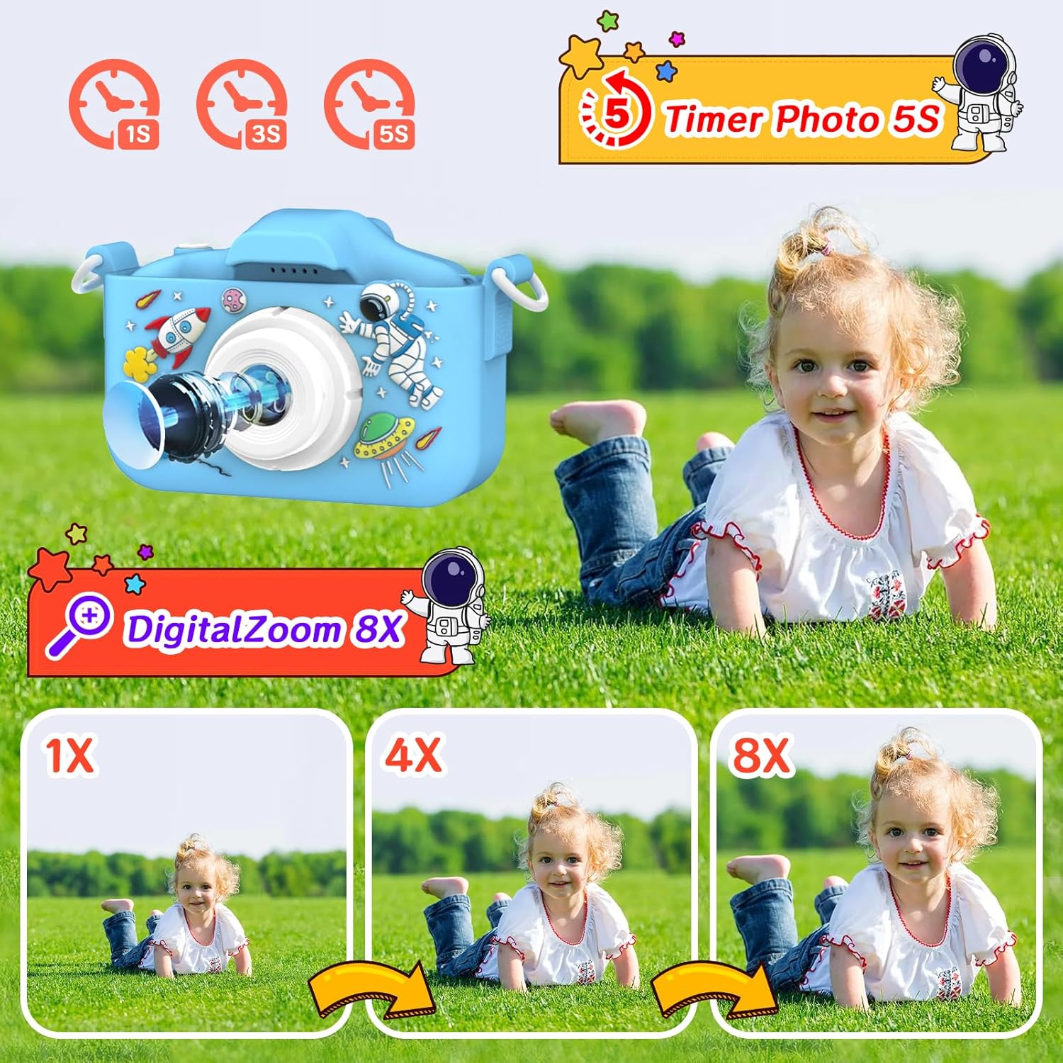 YunLone Kids Camera 12MP Astronaut Selfie Digital Camera for Kids Children 1080P Video Cam with 2” IPS, 32GB Card, 8X Zoom, Spaceman Kids Camera Toy Gift for Boys Girls 3 4 5 6 7 8 9 10 Years – Blue-3