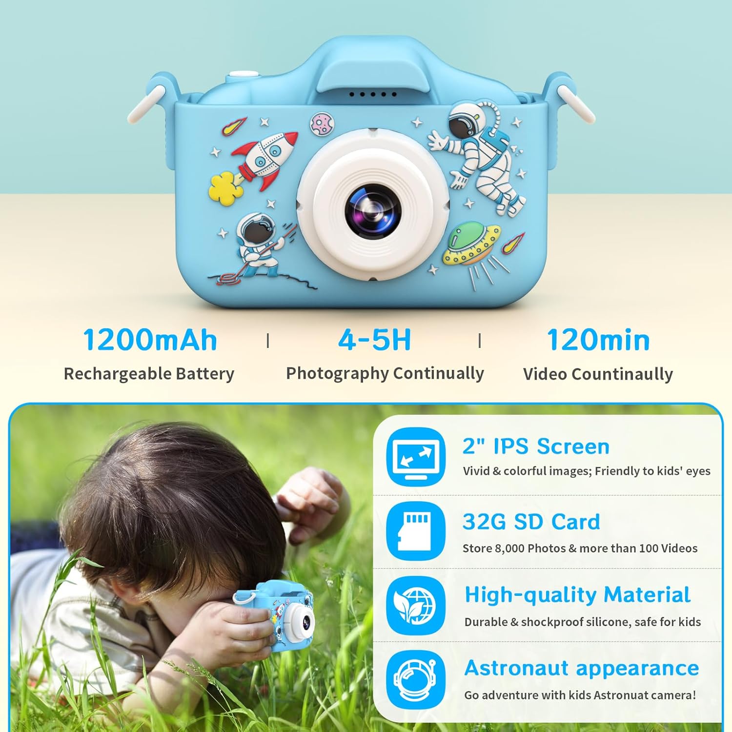 YunLone Kids Camera 12MP Astronaut Selfie Digital Camera for Kids Children 1080P Video Cam with 2” IPS, 32GB Card, 8X Zoom, Spaceman Kids Camera Toy Gift for Boys Girls 3 4 5 6 7 8 9 10 Years – Blue-5