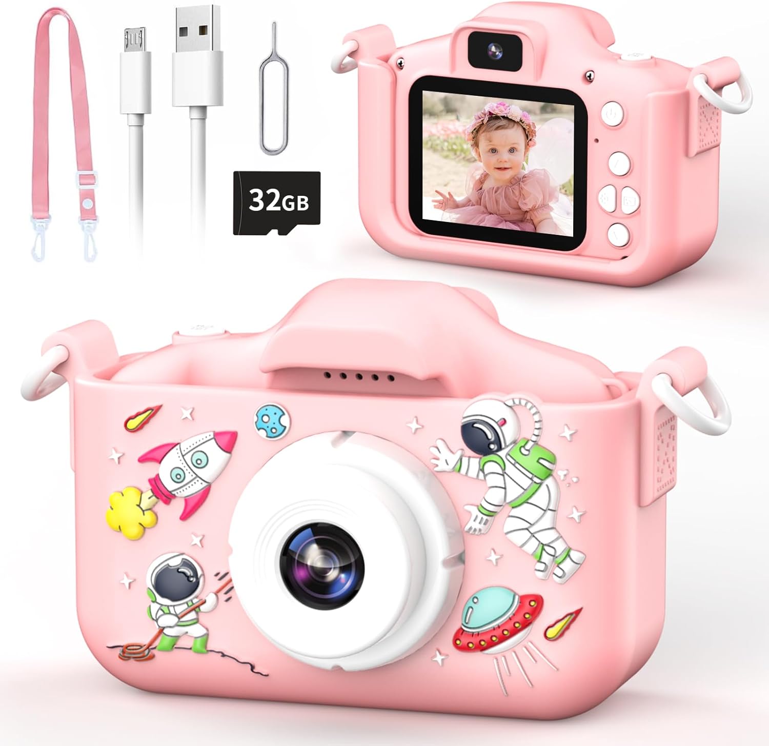 YunLone Kids Camera 12MP Astronaut Selfie Digital Camera for Kids Children 1080P Video Cam with 2” IPS, 32GB Card, 8X Zoom, Spaceman Kids Camera Toy Gift for Boys Girls 3 4 5 6 7 8 9 10 Years – Pink-0