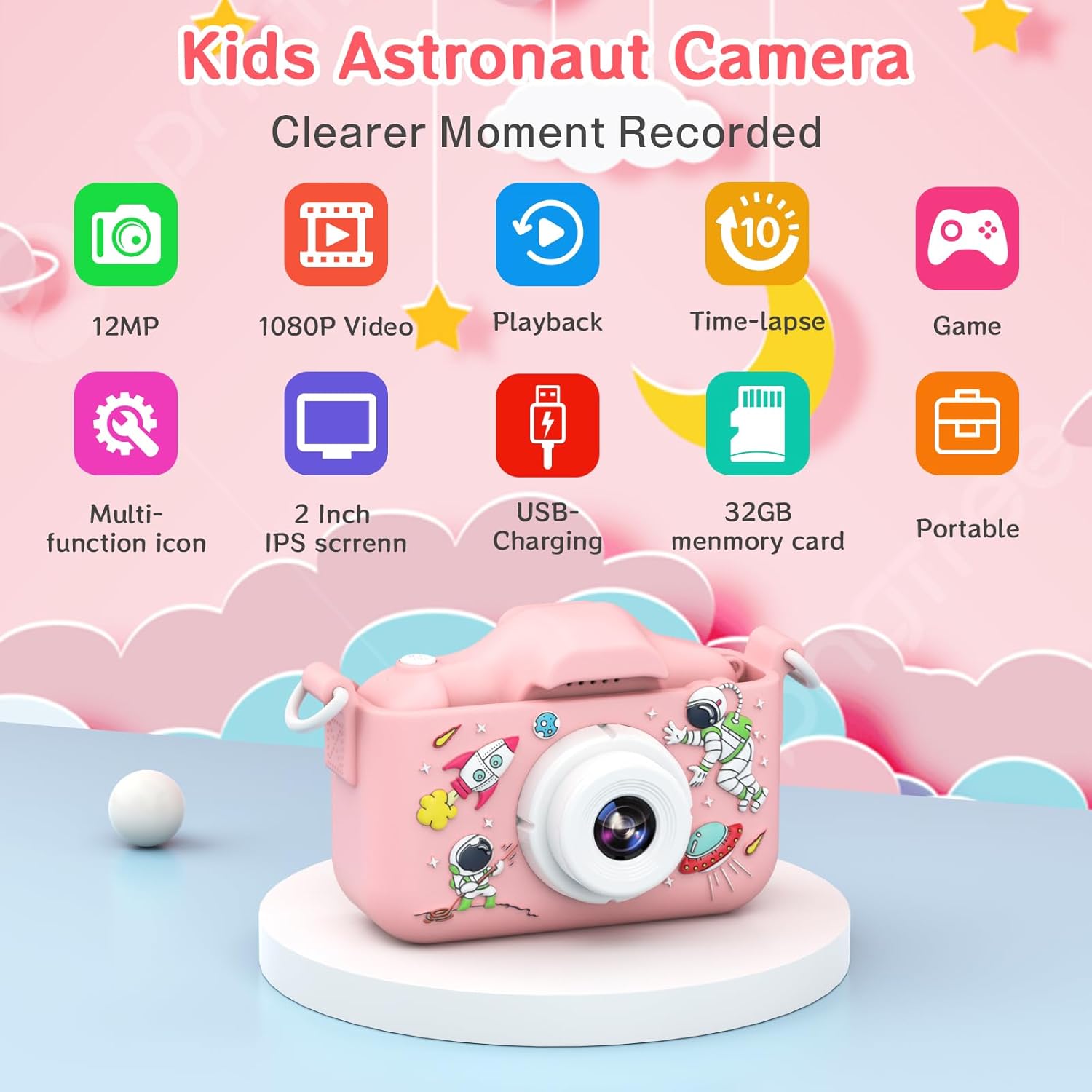 YunLone Kids Camera 12MP Astronaut Selfie Digital Camera for Kids Children 1080P Video Cam with 2” IPS, 32GB Card, 8X Zoom, Spaceman Kids Camera Toy Gift for Boys Girls 3 4 5 6 7 8 9 10 Years – Pink-1