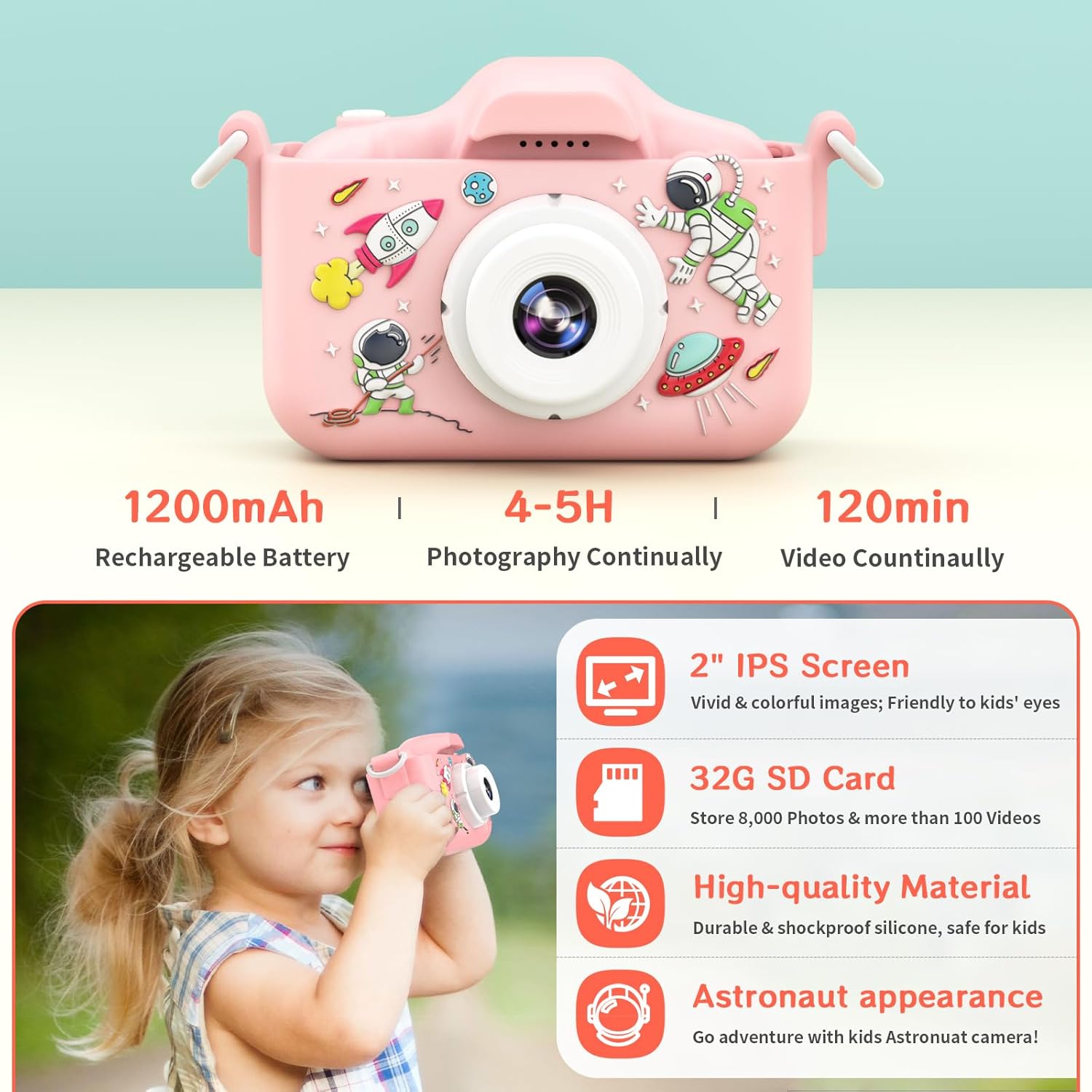 YunLone Kids Camera 12MP Astronaut Selfie Digital Camera for Kids Children 1080P Video Cam with 2” IPS, 32GB Card, 8X Zoom, Spaceman Kids Camera Toy Gift for Boys Girls 3 4 5 6 7 8 9 10 Years – Pink-5