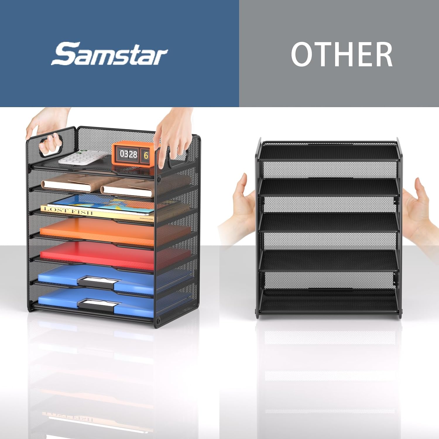 Samstar Desk Organiser with Handle, 7 Tier Letter Tray Paper Organiser File Sorter Rack Shelves for Office/School Supplies, Black-4