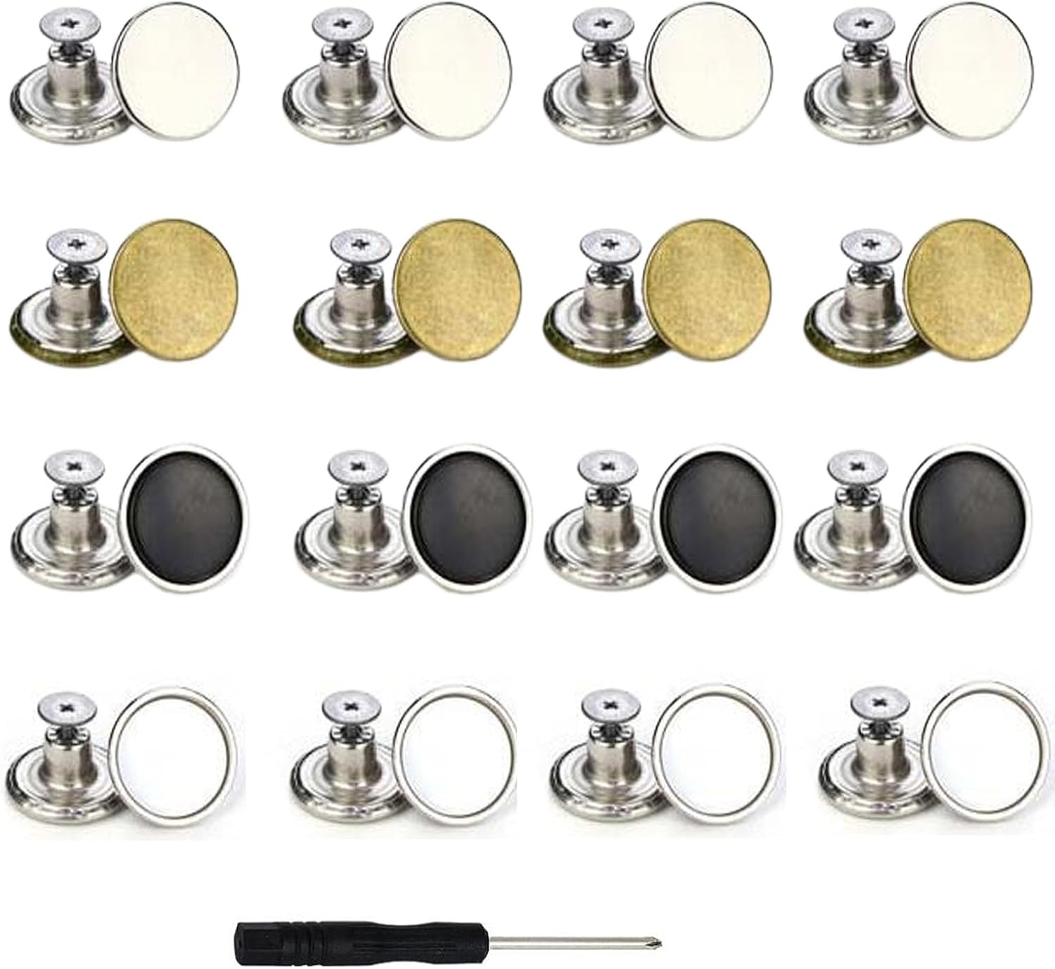 16 pieces of denim metal pants buttons, 17mm metal pants button replacement, spare DIY buttons, used for clothing repair, jeans, jackets, skirts, suits, jackets, work clothes (4 colors)-0