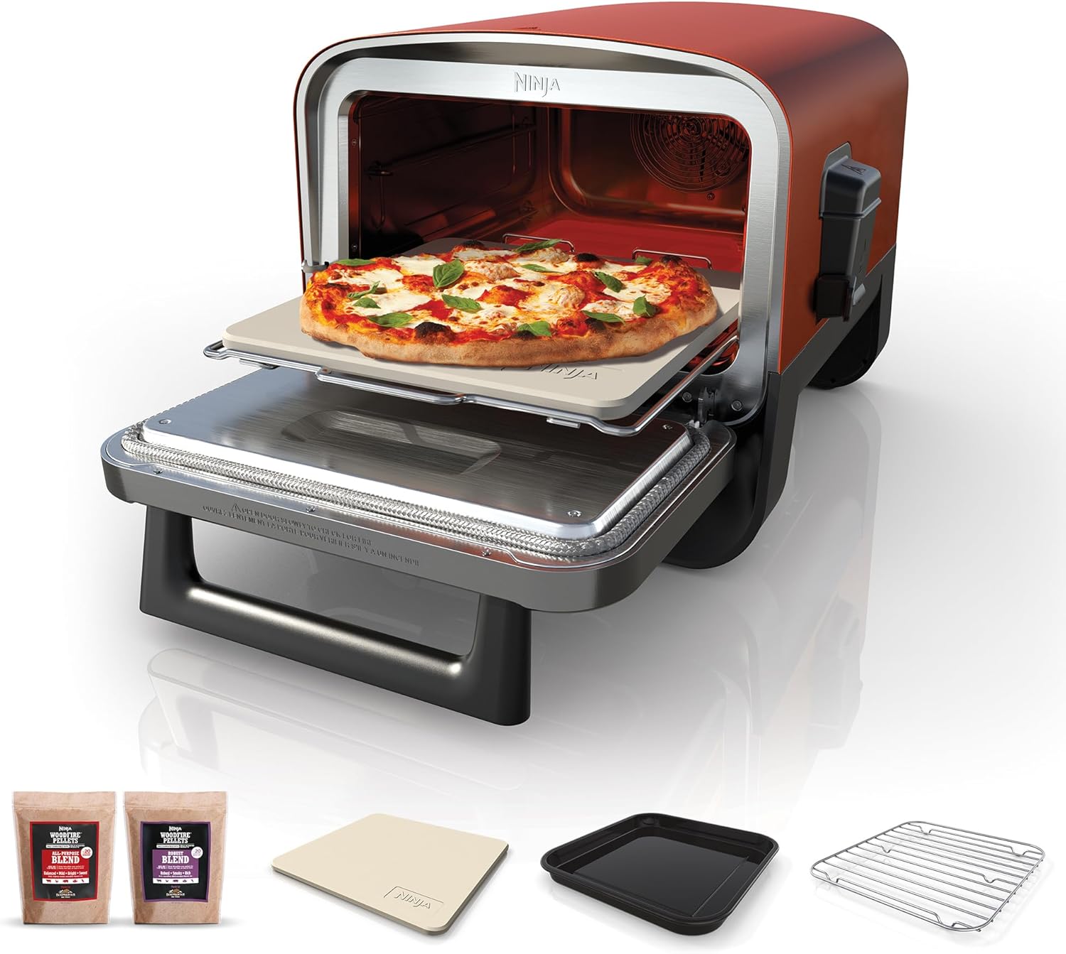 Ninja Woodfire Electric Outdoor Oven,8-in-1 Pizza Oven,High-Heat Roaster & BBQ Smoker with Roast Rack,Pro-Heat Tray,Pizza Stone, Wood Pellets & Scoop, Electric,6 Pizza Settings,Burnt Orange OO101UK-0