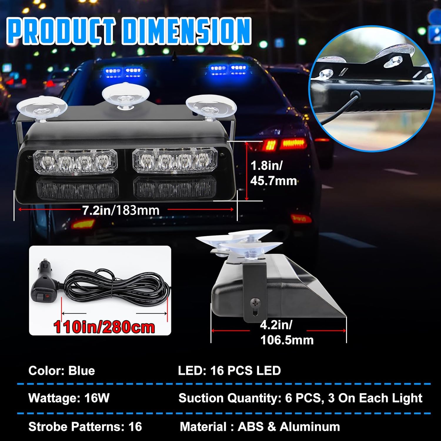 I LITTON Blue 2-in-1 Car Windshield Dash Strobe Light Recovery Light, 12V Flashing Beacon Light with Suction Cups, 16 Flash Modes Emergency Strobe Light for Trucks Van Vehicles Snowplow Lorry-6