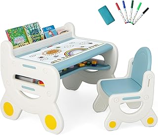 GYMAX Kids Table and Chair Set, Plastic Children Activity Table with Watercolor Pens, Blackboard Eraser & Storage Shelf, Toddler Drawing Desk Set for Playroom Nursery (Blue+White)