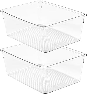 Amtido Drawer Organiser Tray Set - Clear Plastic Containers for Kitchen Utensils, Cosmetics, Food, and Stationery - Use in Drawers, Cupboards, Fridge, and Countertops (2 Pack - 15.2 x 20.3 x 8.3)