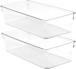 Amtido Drawer Organiser Tray Set - Clear Plastic Containers for Kitchen Utensils, Cosmetics, Food, and Stationery - Use in Drawers, Cupboards, Fridge, and Countertops (2 Pack - 15.2 x 30.5 x 8.3)