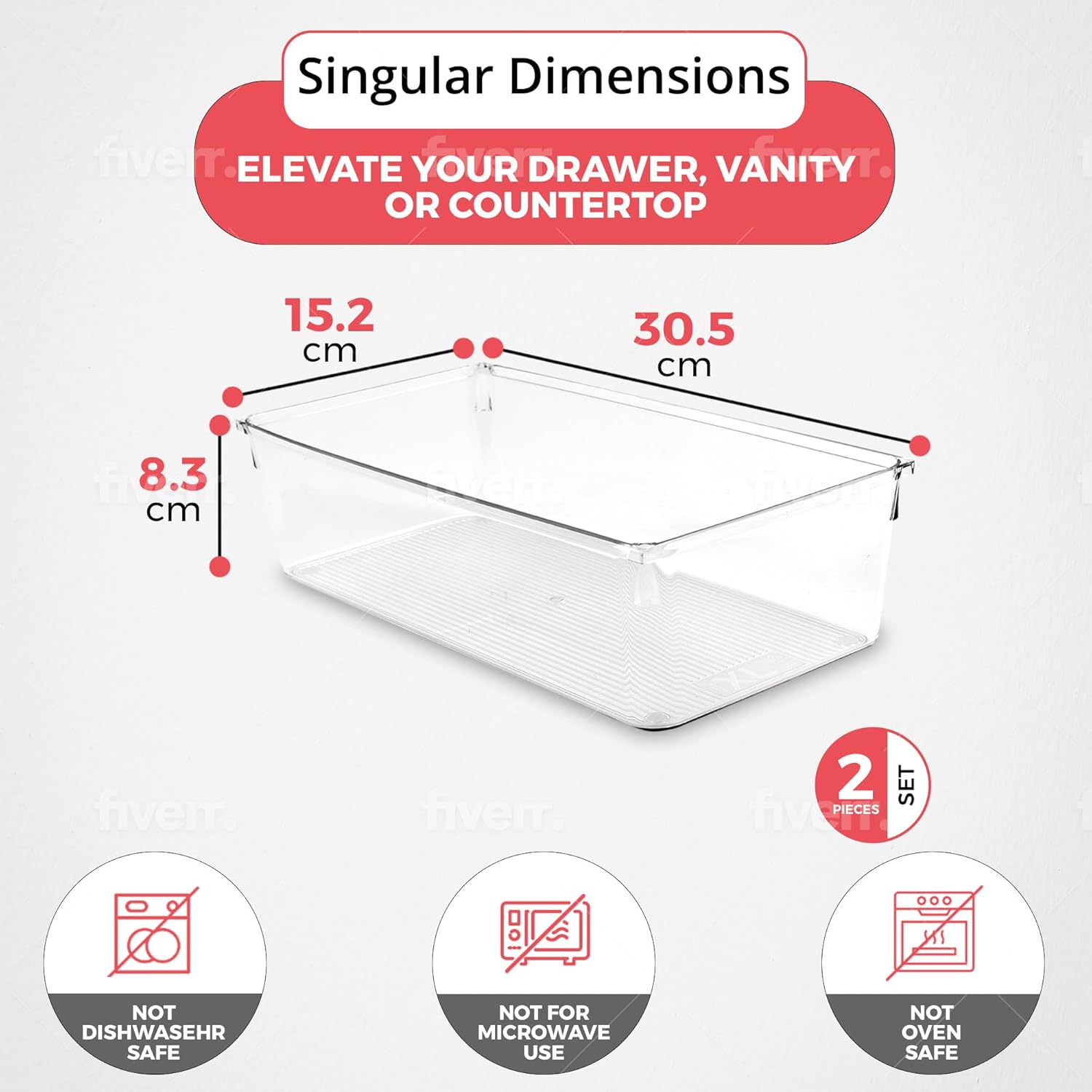 Amtido Drawer Organiser Tray Set - Clear Plastic Containers for Kitchen Utensils, Cosmetics, Food, and Stationery - Use in Drawers, Cupboards, Fridge, and Countertops (2 Pack - 15.2 x 30.5 x 8.3)-2