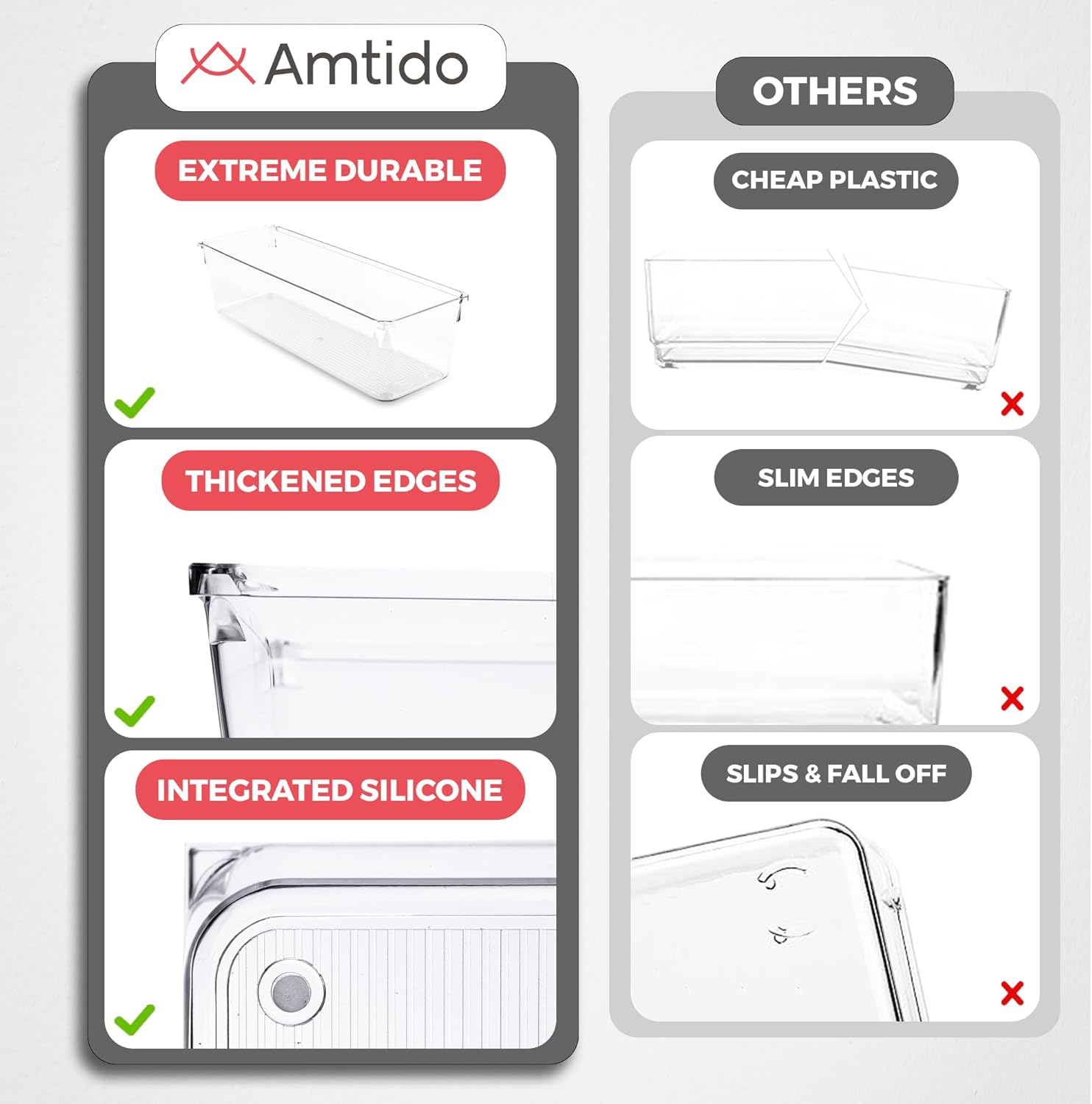 Amtido Drawer Organiser Tray Set - Clear Plastic Containers for Kitchen Utensils, Cosmetics, Food, and Stationery - Use in Drawers, Cupboards, Fridge, and Countertops (2 Pack - 15.2 x 30.5 x 8.3)-3