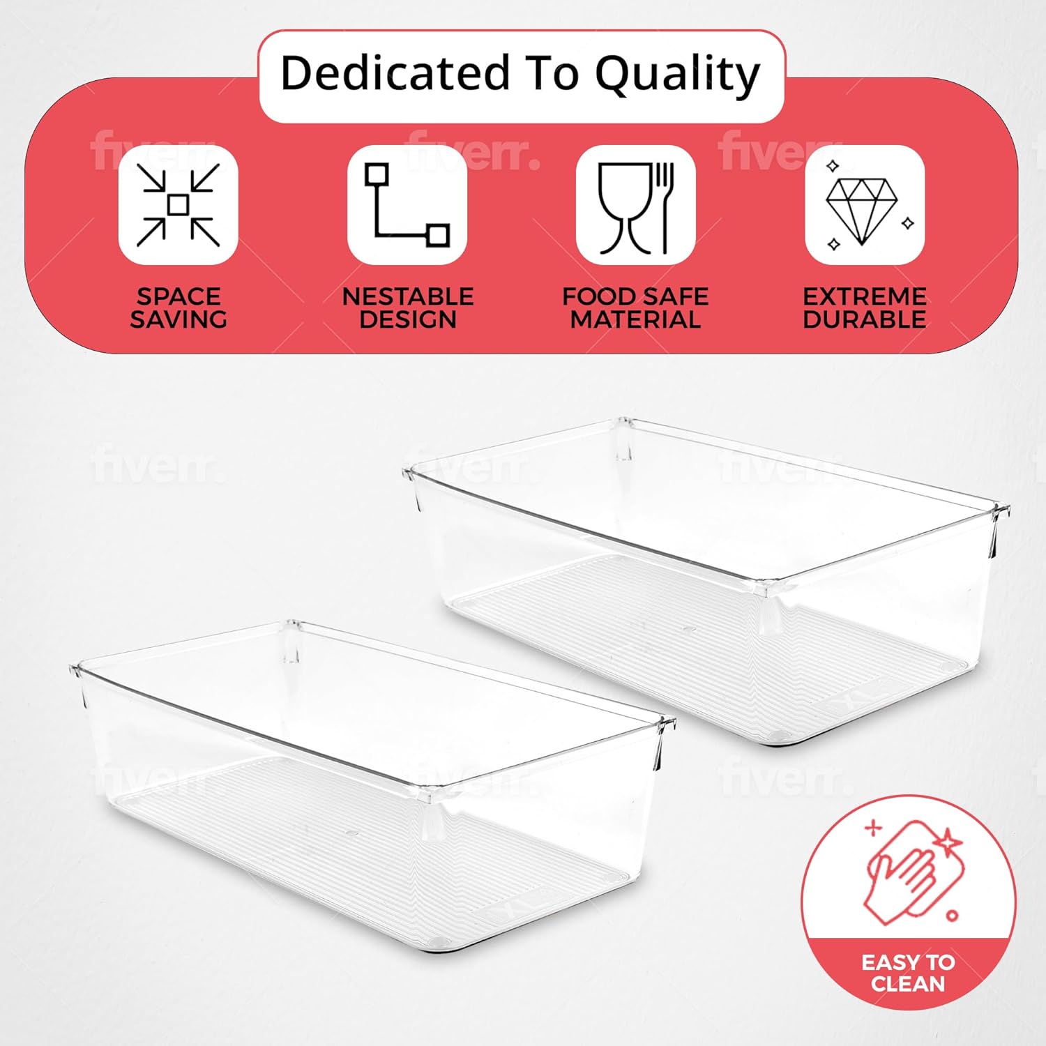 Amtido Drawer Organiser Tray Set - Clear Plastic Containers for Kitchen Utensils, Cosmetics, Food, and Stationery - Use in Drawers, Cupboards, Fridge, and Countertops (2 Pack - 15.2 x 30.5 x 8.3)-5