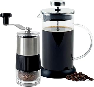 VAKOWOO 2 Cup French Press Coffee Maker with Manual Coffee Grinder, 350 ml Cafetiere Coffee Plunger for Filter Coffee, Loose Tea, Milk Froth, Stainless Steel Filter, Heat-resistant Borosilicate Glass