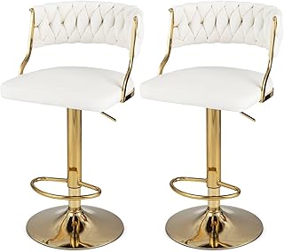 GiantexUK Bar Stools Set of 2, 360° Swivel Height Adjustable Barstools with Woven Back, Footrest, Gas Lift & Anti-Slip Ring, Upholstered Velvet Breakfast Bar Chairs for Kitchen Dining Room (White)