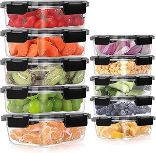 MEETOZ 10 Pack Glass Meal Prep Containers, Airtight Glass Food Containers, Stackable Glass Food Storage Containers Set with Lids,BPA-Free, for Microwave, Oven, Freezer and Dishwasher