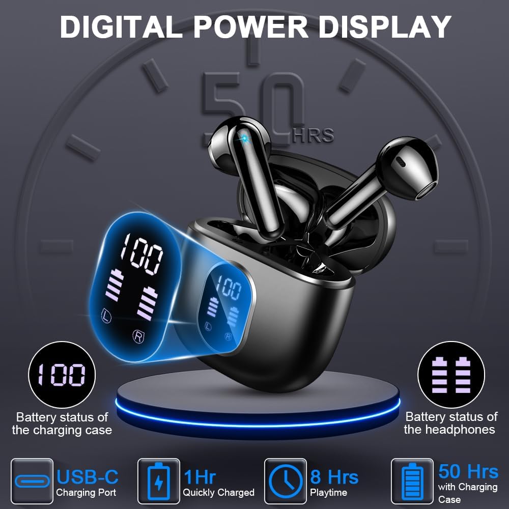 Wireless Earbuds, Bluetooth 5.3 Headphones 2024 Wireless Headphones in Ear with ENC Mic, Bluetooth Earphones Noise Cancelling Ear buds with 50H Hifi Stereo, IP7 Waterproof Headset, USB-C, LED Display-3