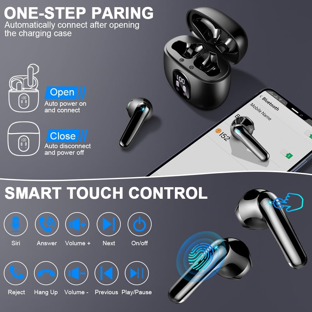 Wireless Earbuds, Bluetooth 5.3 Headphones 2024 Wireless Headphones in Ear with ENC Mic, Bluetooth Earphones Noise Cancelling Ear buds with 50H Hifi Stereo, IP7 Waterproof Headset, USB-C, LED Display-5