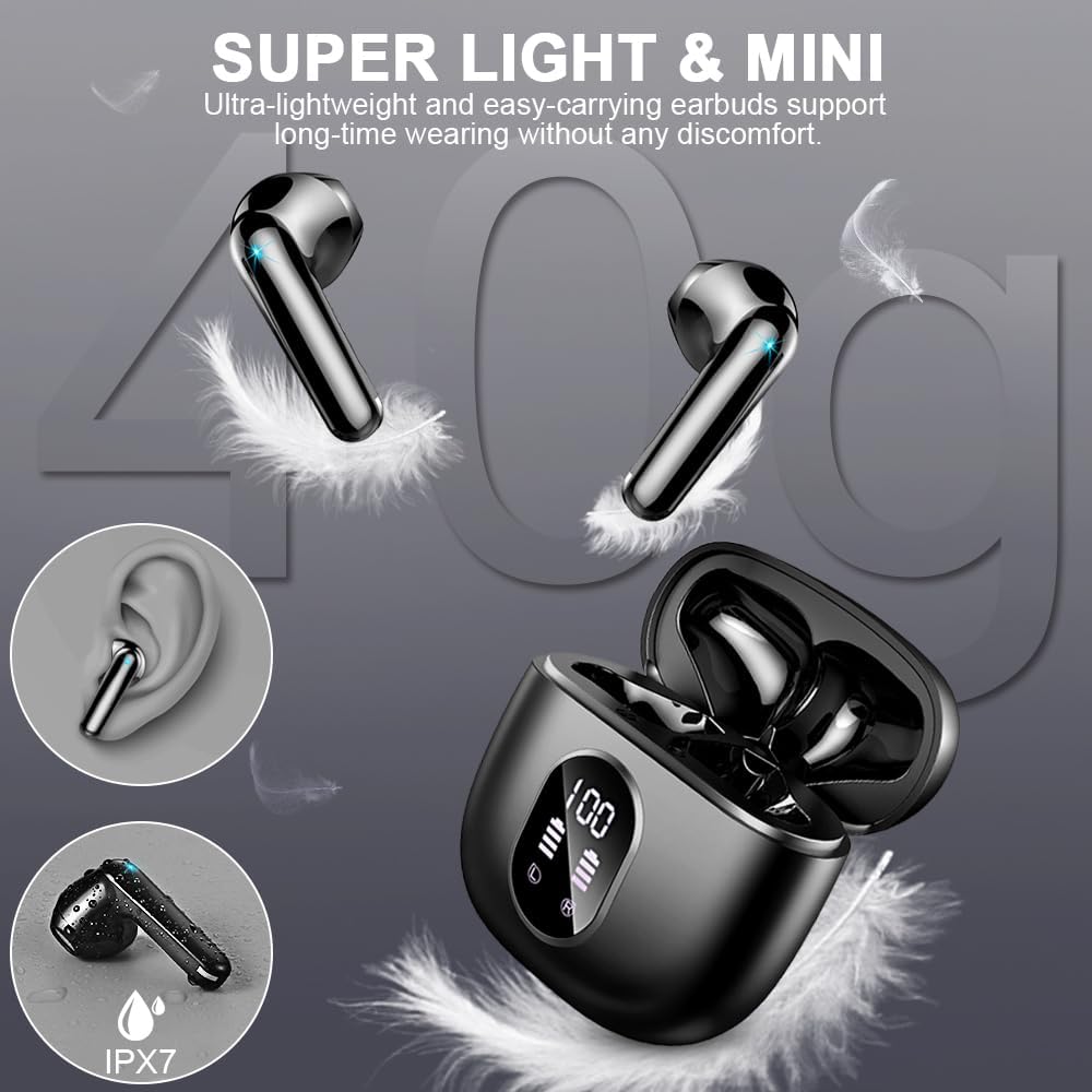 Wireless Earbuds, Bluetooth 5.3 Headphones 2024 Wireless Headphones in Ear with ENC Mic, Bluetooth Earphones Noise Cancelling Ear buds with 50H Hifi Stereo, IP7 Waterproof Headset, USB-C, LED Display-6