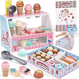 Wooden Ice Cream Toys for Kids, Ice Cream Counter Shop Playset Pretend Play Kitchen Accessories with Scoop & Menu & Fake Money, Ice Cream Shop Wooden Educational Toy Gift for Kids Girls 3 4 5 6 years