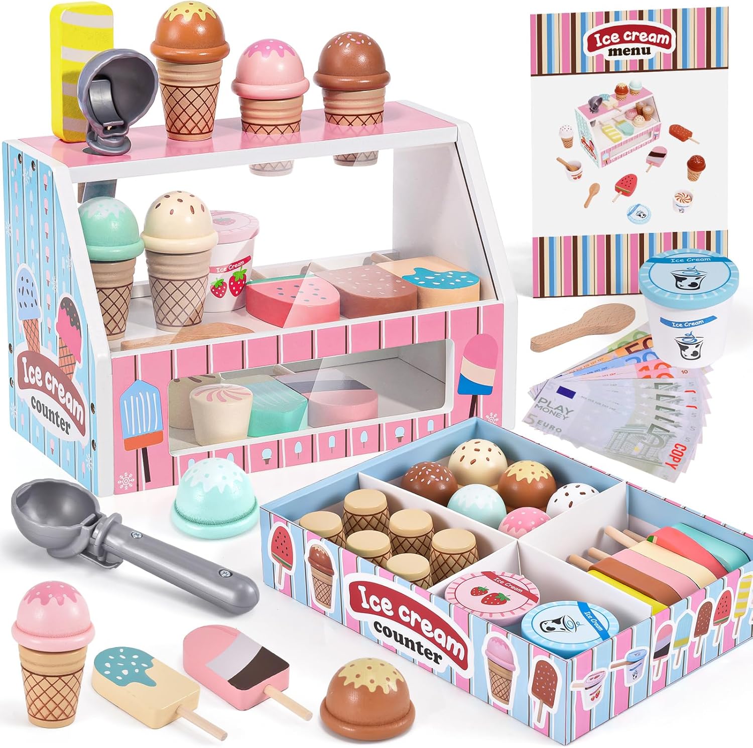 Wooden Ice Cream Toys for Kids, Ice Cream Counter Shop Playset Pretend Play Kitchen Accessories with Scoop & Menu & Fake Money, Ice Cream Shop Wooden Educational Toy Gift for Kids Girls 3 4 5 6 years-0