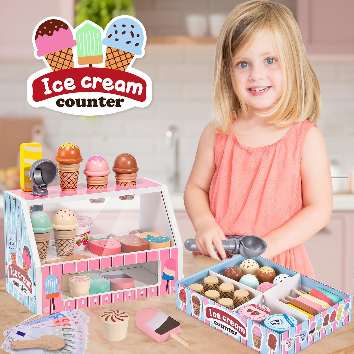 Wooden Ice Cream Toys for Kids, Ice Cream Counter Shop Playset Pretend Play Kitchen Accessories with Scoop & Menu & Fake Money, Ice Cream Shop Wooden Educational Toy Gift for Kids Girls 3 4 5 6 years-5