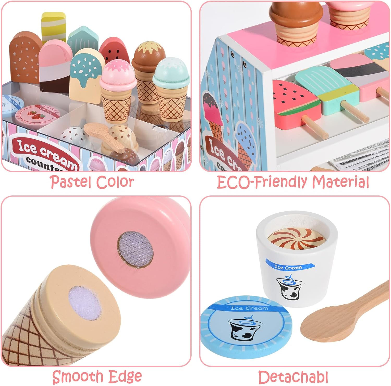 Wooden Ice Cream Toys for Kids, Ice Cream Counter Shop Playset Pretend Play Kitchen Accessories with Scoop & Menu & Fake Money, Ice Cream Shop Wooden Educational Toy Gift for Kids Girls 3 4 5 6 years-7