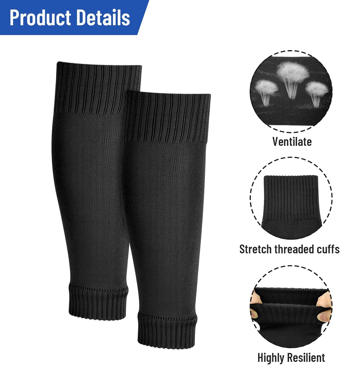 Peaken Football Sock Sleeve, 3 Pair Team Leg Sock Black Sock Sleeve Football for Football Running or Training Beginner-2