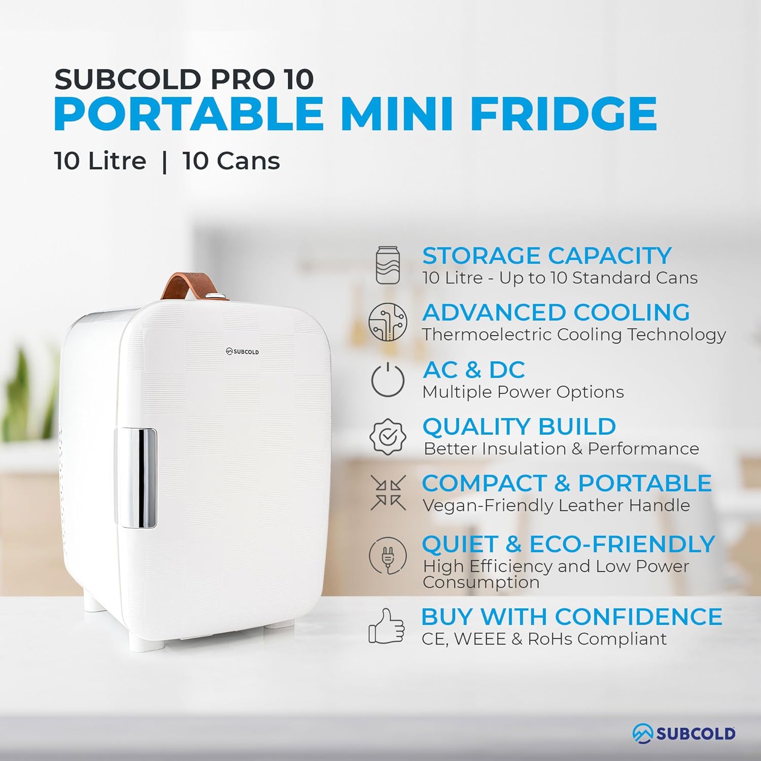 Subcold Pro10 Luxury Mini Fridge Cooler | Compact 10L Portable Small Fridge 12v & 240v | Efficient Quiet Cooling System | Ideal for Bedroom, Office, Beauty & Car | (Chequer White)-3