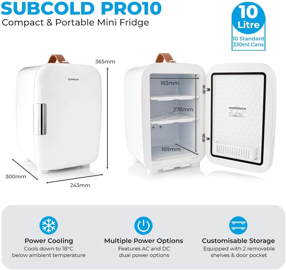 Subcold Pro10 Luxury Mini Fridge Cooler | Compact 10L Portable Small Fridge 12v & 240v | Efficient Quiet Cooling System | Ideal for Bedroom, Office, Beauty & Car | (Chequer White)-4