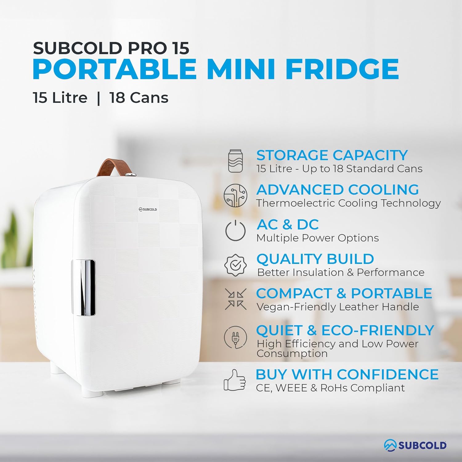 Subcold Pro15 Luxury Mini Fridge Cooler | Compact 15L Portable Small Fridge 12v & 240v | Efficient Quiet Cooling System | Ideal for Bedroom, Office, Beauty & Car (Chequer White)-3