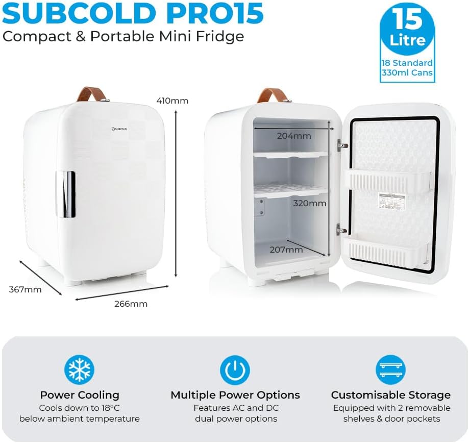 Subcold Pro15 Luxury Mini Fridge Cooler | Compact 15L Portable Small Fridge 12v & 240v | Efficient Quiet Cooling System | Ideal for Bedroom, Office, Beauty & Car (Chequer White)-4