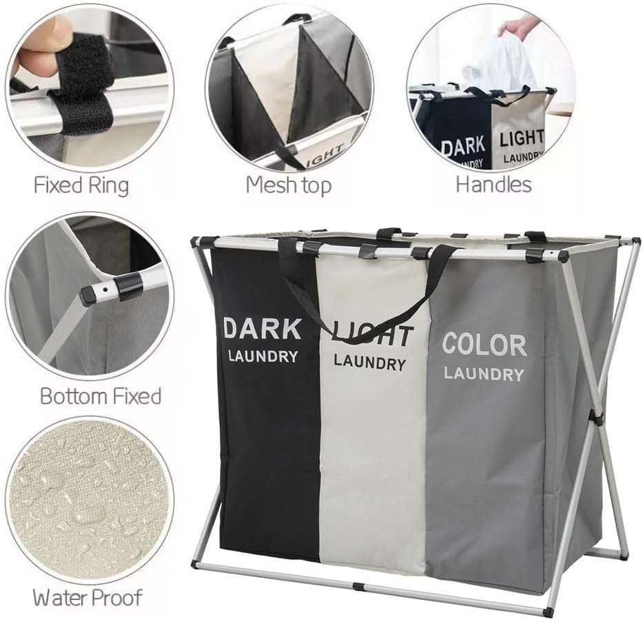 Warmiehomy Collapsible Laundry Basket 3 Compartments Foldable & Washable Washing Basket Large Laundry Sorter with Aluminum Bracket and Handle for Laundry Room, Bedroom,66x38x58cm-2