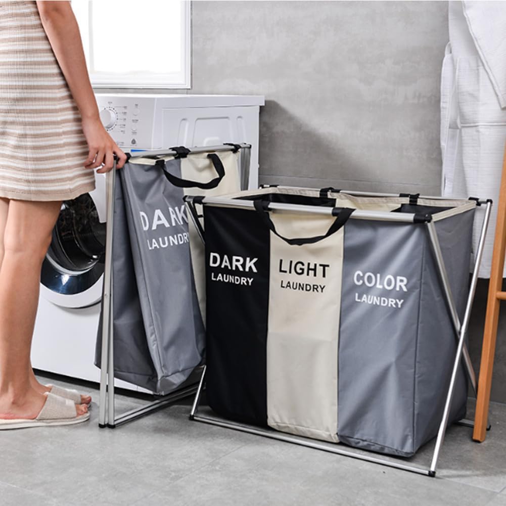 Warmiehomy Collapsible Laundry Basket 3 Compartments Foldable & Washable Washing Basket Large Laundry Sorter with Aluminum Bracket and Handle for Laundry Room, Bedroom,66x38x58cm-3