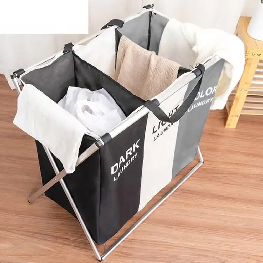 Warmiehomy Collapsible Laundry Basket 3 Compartments Foldable & Washable Washing Basket Large Laundry Sorter with Aluminum Bracket and Handle for Laundry Room, Bedroom,66x38x58cm-8