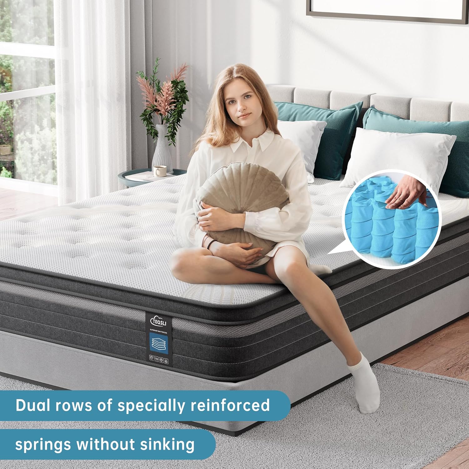 TeQsli Gel Individually Pocket Sprung Double Mattress 4FT6 with Breathable Soft Fabric, 10 Inch Hybrid Mattress Double for Pressure & Back Pain Relief, Medium Firm Mattress in a Box 135x190x25cm-3