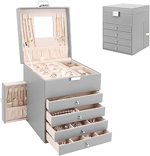 Casiwaft Jewellery Box Organiser with 6 Drawers and Mirror, Large PU Jewelry Organiser Display Case with Side Drawers, 5 Layers Jewellery Box for Rings Earrings Bracelets Necklaces, Grey