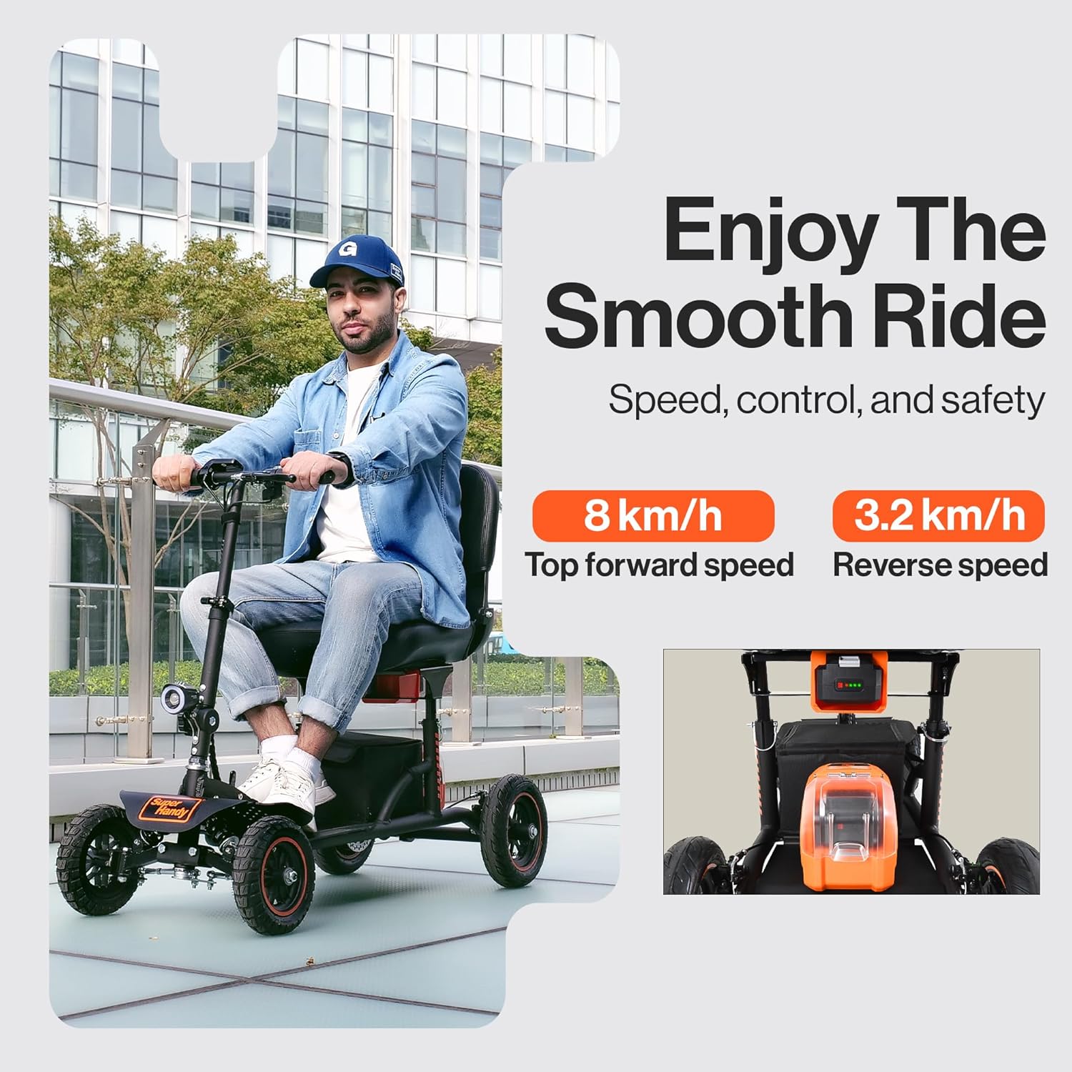 SuperHandy Portable Mobility Scooter Explorer – 4 Wheels, 500W Brushless Motor, Removable Battery, 159kg Capacity, 8km/h Top Speed, Lightweight Aluminum 21.8kg Frame [Patent Pending]-4