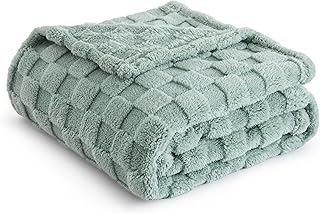 Bedsure Fleece Throw Blanket for Sofa - Soft Checkered Single Blankets for Women, Fluffy Cosy Warm Blanket for Bed, Light Green, 130x170 cm