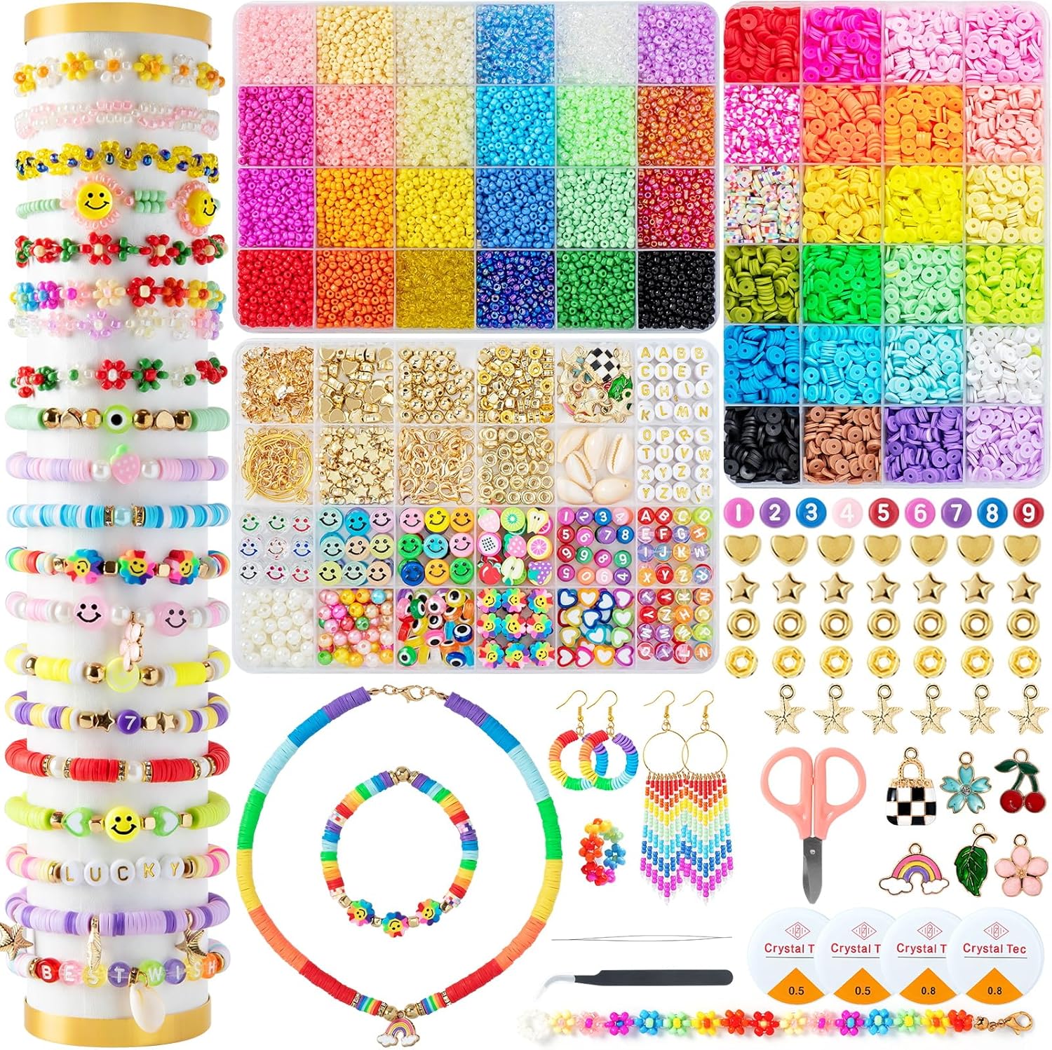 Mactoou 12000+ PCS Bracelet Making Kit, 24 Colors Polymer Clay Beads for Jewelry Making, 6mm Heishi Beads Set, 3mm Glass Seed Beads with Letters Beads for Bracelet Necklace, Present for Girls-0