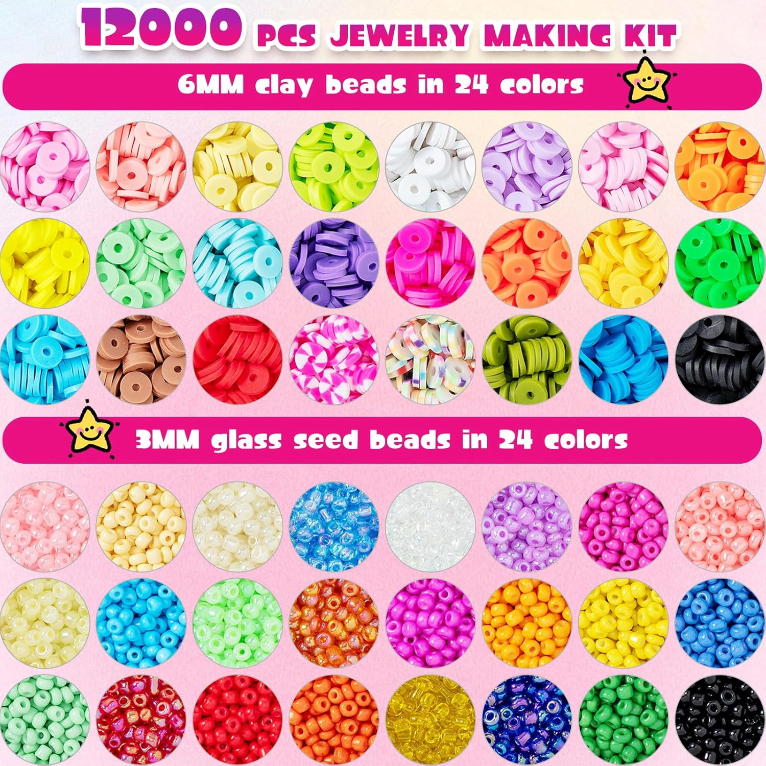 Mactoou 12000+ PCS Bracelet Making Kit, 24 Colors Polymer Clay Beads for Jewelry Making, 6mm Heishi Beads Set, 3mm Glass Seed Beads with Letters Beads for Bracelet Necklace, Present for Girls-1