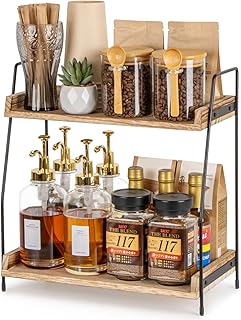 ANBOXIT Coffee Station Organizer for Countertop, Coffee Bar Accessories and Organizer, Wooden Kitchen Counter Shelf, 2 Tier Coffee Condiment Storage, Coffee Caddy for Kitchen, Home, Office - Brown