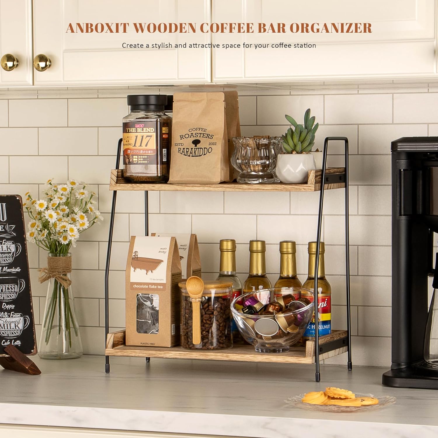 ANBOXIT Coffee Station Organizer for Countertop, Coffee Bar Accessories and Organizer, Wooden Kitchen Counter Shelf, 2 Tier Coffee Condiment Storage, Coffee Caddy for Kitchen, Home, Office - Brown-2