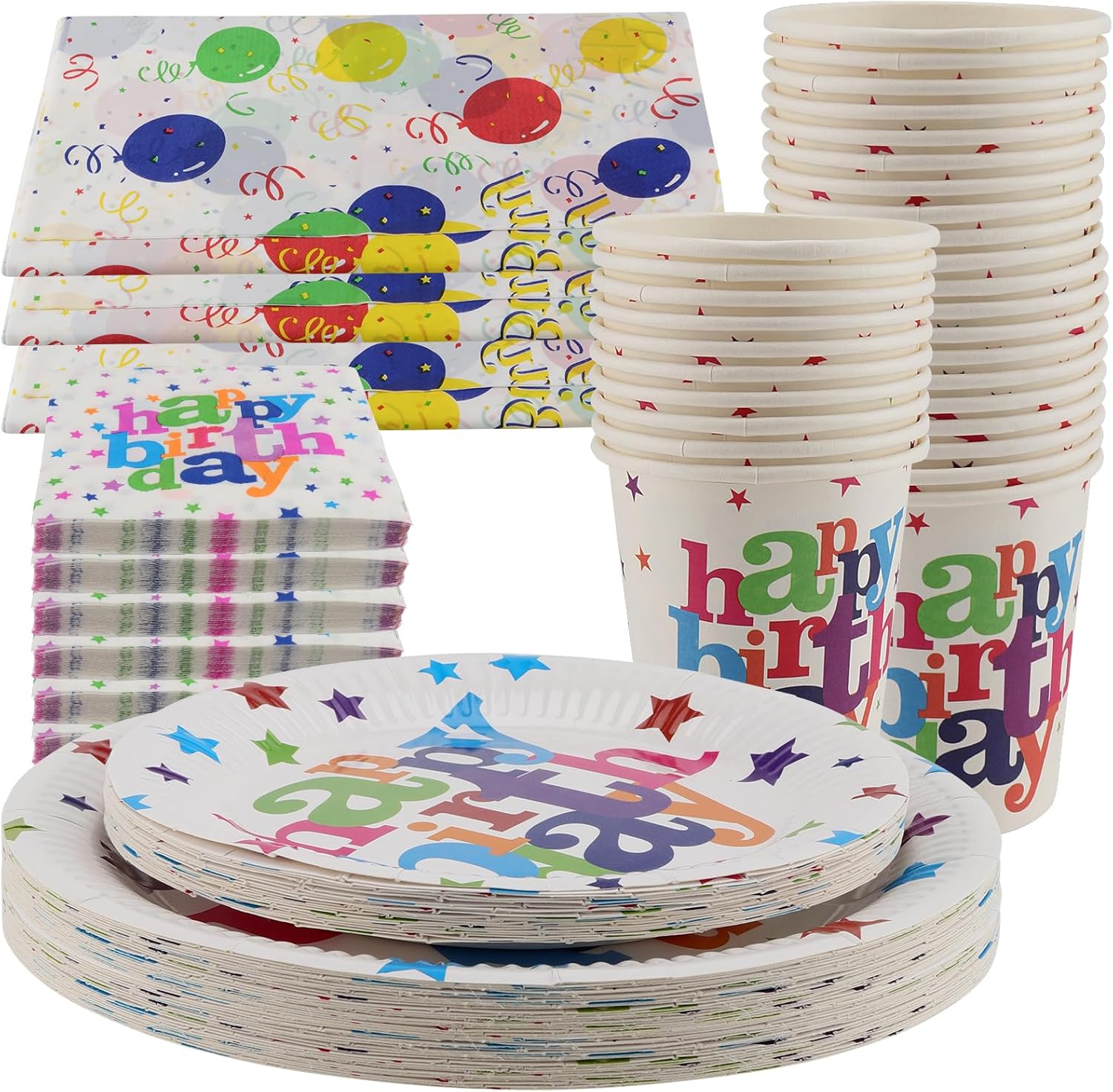 MOUYAT 153 Pcs Rainbow Birthday Party Tableware Set, 60 Birthday Party Paper Plates, 30 Cups, 60 Napkins, 3 Party Tablecloths, Rainbow Birthday Party Supplies Decorations for 30 Guests-0