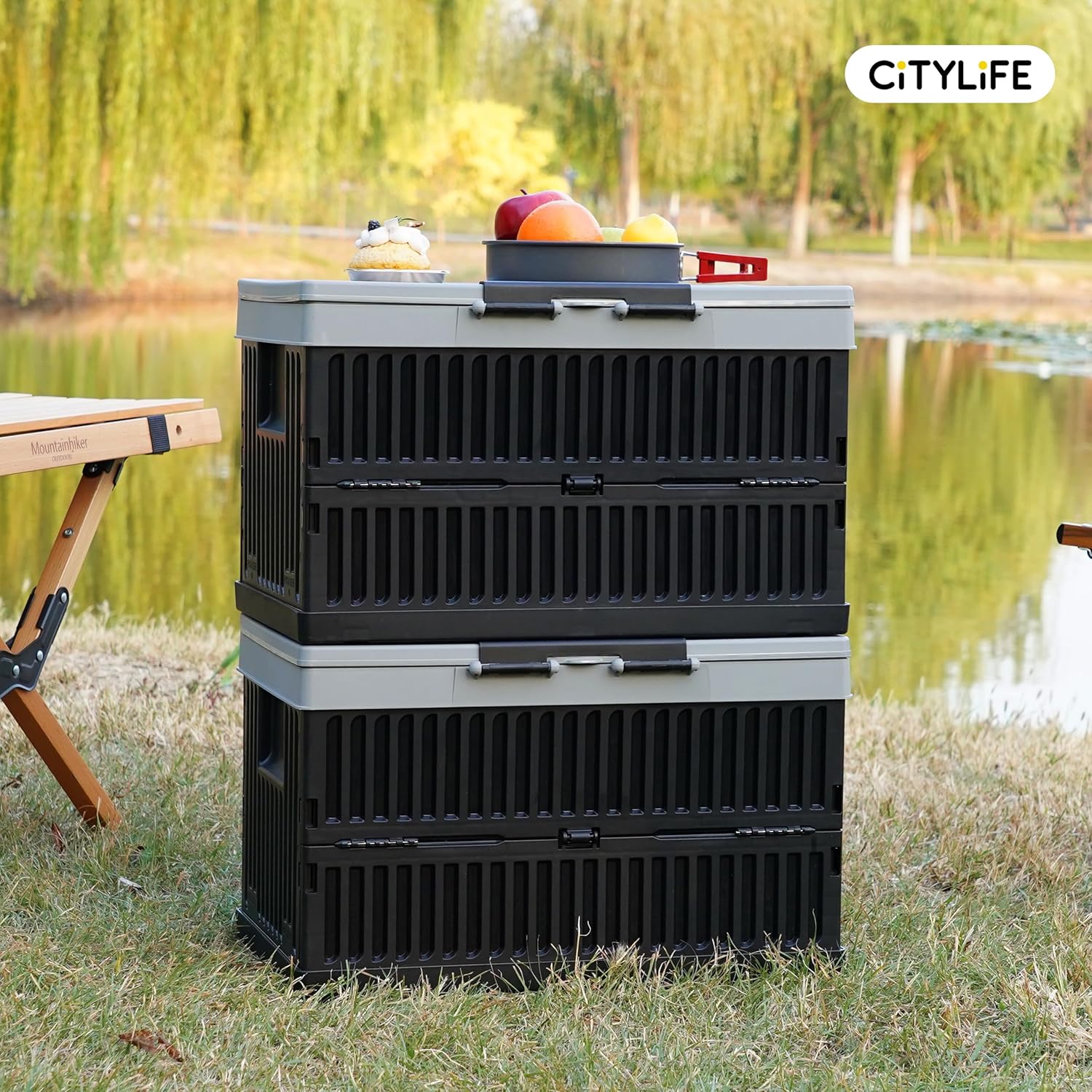 Citylife 2 Packs 35L Folding Storage Boxes with Waterproof Bag Large Collapsible Plastic Storage Box Camping Storage Boxes with Lids Outdoor Stackable Folding Storage Box Plastic Box with Lid Storage-7