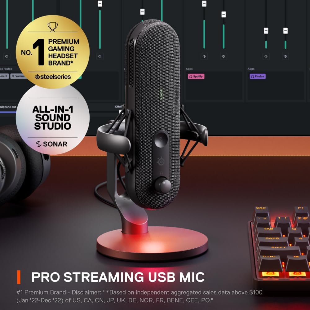 SteelSeries Alias USB Mic for PC — 3x Bigger Capsule for Gaming, Streaming and Podcasting — Sonar for Streamers Audio Software — AI Noise Cancelling — LED Mute & Level Monitoring — Shock Mount - Black-1