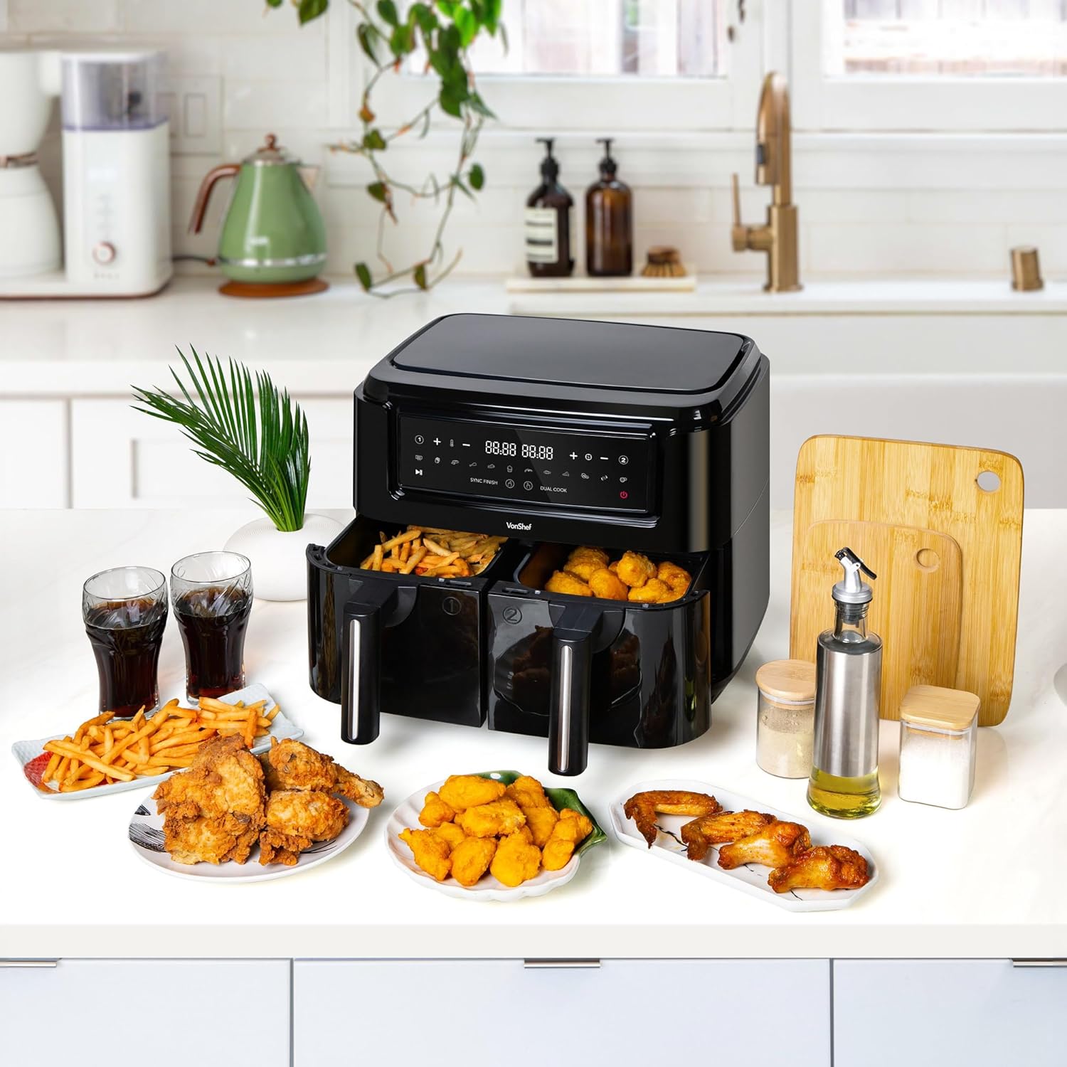 VonShef Dual Air Fryer 9L - 2 Silicone Liners, Double Large Family Size, XL Capacity, 2 Drawers, 12-In-1 Presets, LED Display, Smart Finish, 60 Minute Timer, Dishwasher-Safe, Healthy Cooking-1