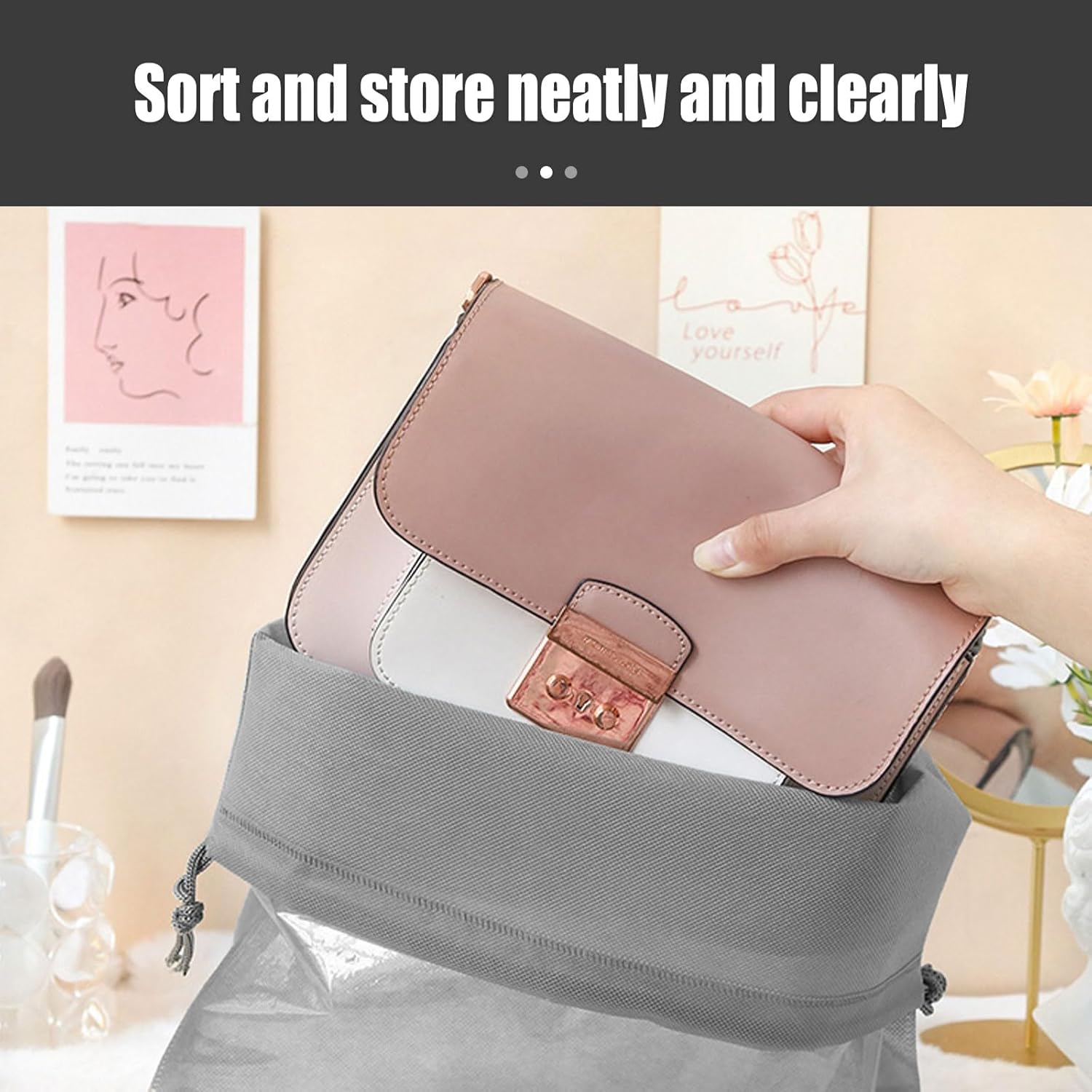 15Pcs Dust Bags for Handbags, 35cm Non-Woven Fabric Dustproof Drawstring Breathable Bag Clear Window Dust Cover Storage Bags Handbag Storage Organizer (Grey)-1