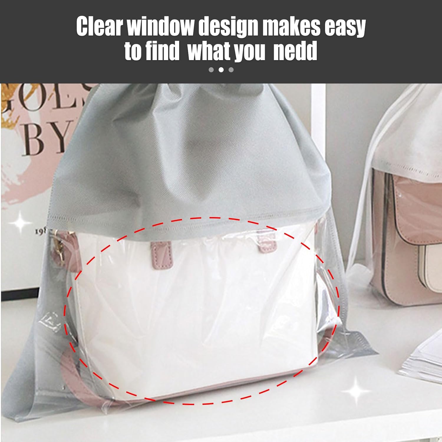 15Pcs Dust Bags for Handbags, 35cm Non-Woven Fabric Dustproof Drawstring Breathable Bag Clear Window Dust Cover Storage Bags Handbag Storage Organizer (Grey)-3