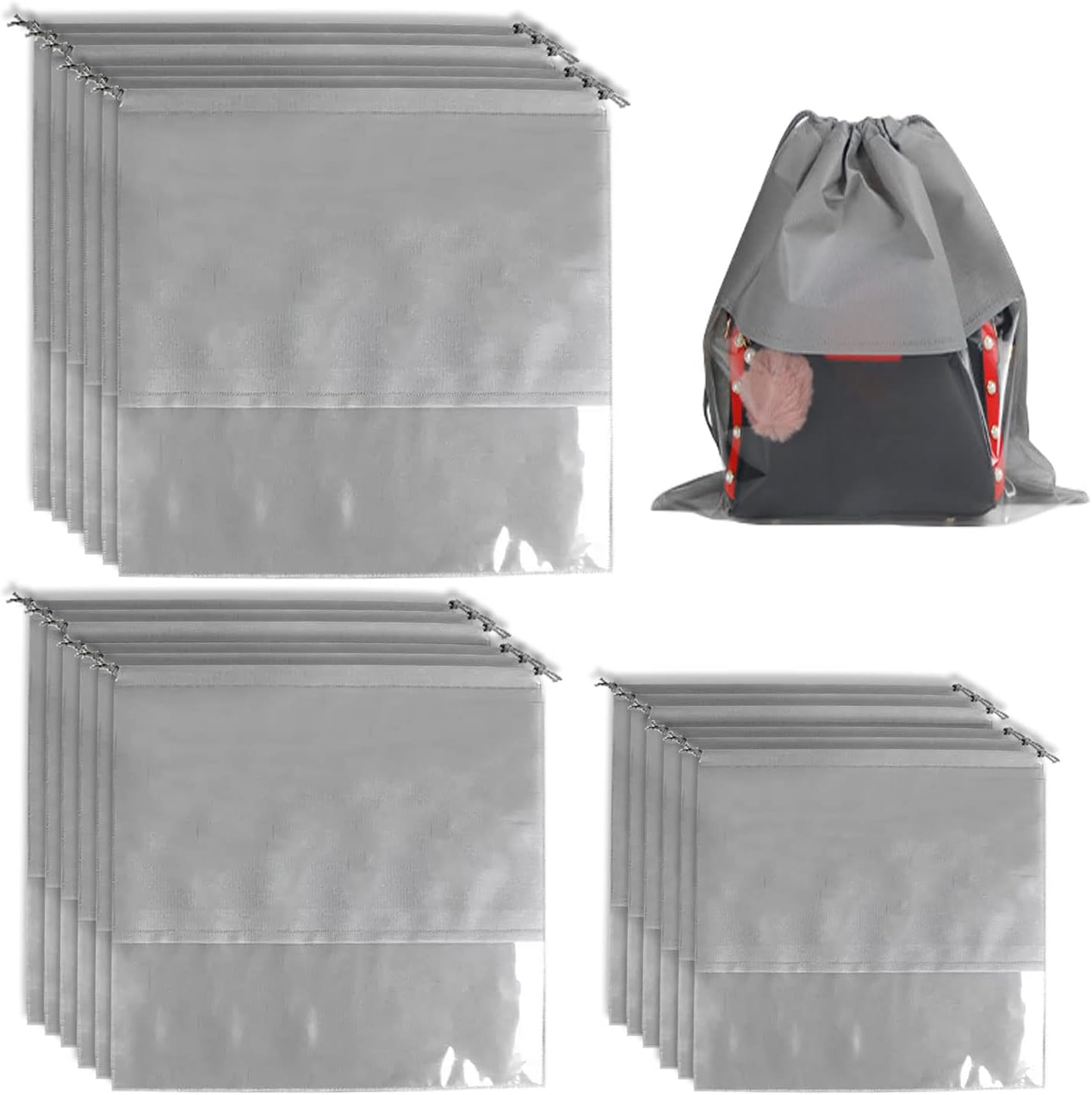 18Pcs Large Dust Cover Storage Bags, 3 Sizes Drawstring Breathable Bags for Handbags, Non-Woven Fabric Dustproof Clear Window Handbag Storage Organizer (Grey)-0